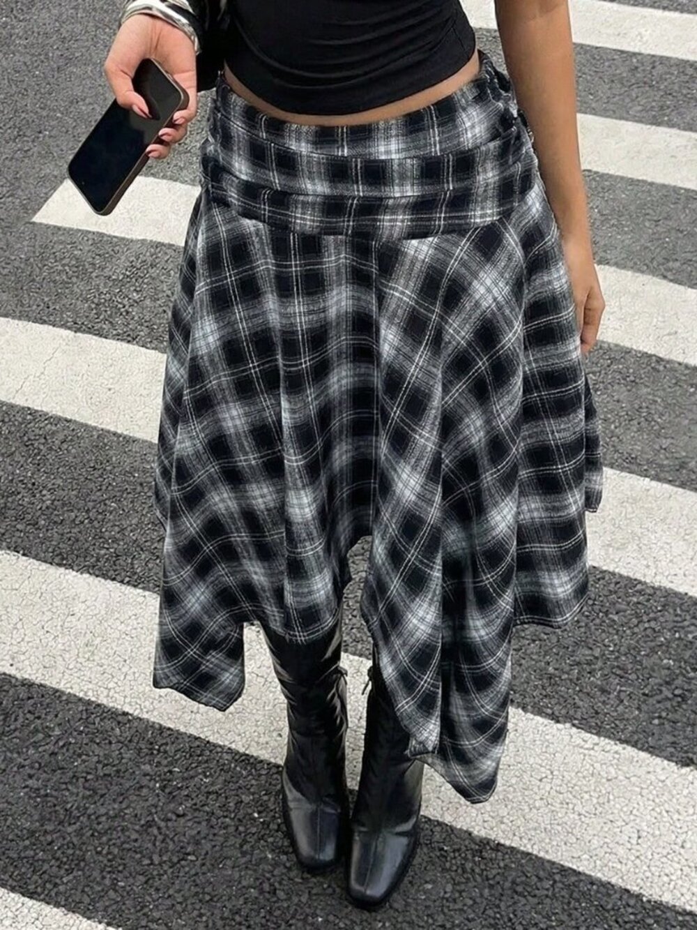 Black And White Casual Women's Asymmetric Hem Plaid Midi Skirt